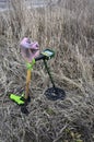 Metal detector in the field ready to work