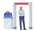 Metal Detector Frame, Airport Security Check Control Concept. Male Character Wear Uniform Stand at Portal with Luggage