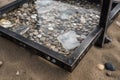 metal detector frame with close-up of the ground, showing broken glass and coins