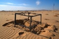 metal detector frame surrounded by sunburnt sands of the desert