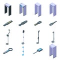 Metal detector icons set, isometric style