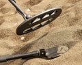 The Metal detector, ring and spade on the sand
