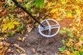 Metal detector at work in the forest. Search for treasure and ancient values. Archeology. Man with a metal detector. Minesweeper .