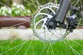 Metal disc brake detail on mountain bicycle Royalty Free Stock Photo