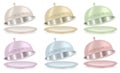 Set of vector illustration metal dish with a lid in six colors. Restaurant cloche with open lid. Tray with a dome with ornament. T