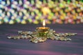 Metal Diyas lit up for the Indian Hindu festival of Diwal