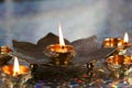 Metal Diyas lit up for the Indian Hindu festival of Diwal