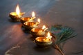 Metal Diyas lit up for the Indian Hindu festival of Diwal
