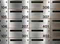 Metal door domestic post boxes with flat numbers. Royalty Free Stock Photo
