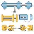 Metal door latches with bolt and chain or cabin hook