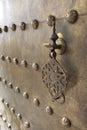 Metal doorknocker on brass door