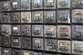 Metal drawers. Closed archive storage, filing cabinet interior. aged silver metallic boxes with index cards. library Royalty Free Stock Photo