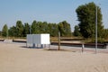 Metal dressing rooms on the sandy beach