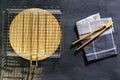 Metal empty clean grill for grilling on a picnic. Top view, dark background Royalty Free Stock Photo