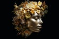 a metal female head with a small bouquet of golden flowers on it, highlighted on a dark background. Generative AI