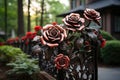 Metal fence decorated with wrought-iron decorative roses. Generative AI Royalty Free Stock Photo