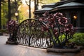 Metal fence decorated with wrought-iron decorative roses. Generative AI Royalty Free Stock Photo