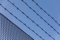 Barbed wire fence on blue sky background, closeup of photo.