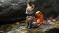 Metal figurine of a fox from Japanese folklore against background of stones and forest.