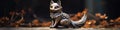 Metal figurine of fox from Japanese folklore against background of stones and forest.