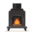 Metal Fireplace With Burning Fire. Iron Black Stove with Chimney Isolated on White Background, Indoors Modern System Royalty Free Stock Photo