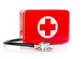 A metal first aid box and stethoscope