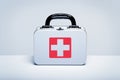 Metal first aid kit on light grey background