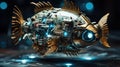 A metal fish with a clock on it's side. Generative AI image.