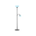 Metal floor lamp with two blue glass shades. House decor element. Modern torchere for living room interior. Flat vector