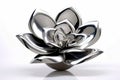 Metal flower sculpture sitting on top of white table top. Generative AI Royalty Free Stock Photo