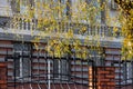 Metal forged fence against the background of a historic building Royalty Free Stock Photo