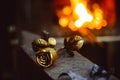 A metal forged rose lies on the pier in the smithy Royalty Free Stock Photo