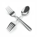 A metal fork and spoon are placed crossing each other on a plain, white background. Royalty Free Stock Photo