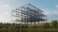 Steel Frame Building Under Construction Stands on a Green Hillside Near a Lake Royalty Free Stock Photo