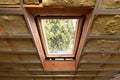 Metal frames on attic skylight window and environmentally friendly and energy efficient thermal insulation rock wool