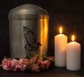 Funerary urn with ash. Funeral and mourning concept. Condolence card Royalty Free Stock Photo