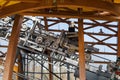 Metal funicular mechanism with rotating wheels. Lifting elevator to the mountain Royalty Free Stock Photo