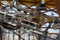 Metal funicular mechanism with rotating wheels. Lifting elevator to the mountain