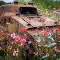 Metal garbage car on field, old rusty abandoned crashed transport standing in summer meadow with wildflowers Royalty Free Stock Photo