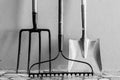 Metal Garden Digging Fork, Metal Garden Rake, Metal Spade Royalty Free Stock Photo