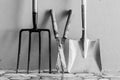 Metal Garden Digging Fork, Garden Shears, Metal Spade Royalty Free Stock Photo