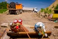 Metal gas acetylene cylinder containers with oxygen and nitrogen placed on the construction site