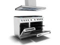 Metal gas stove and gas open oven with hood 3d rendering on whit Royalty Free Stock Photo