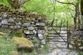 A metal gate through a stone wall leads to a rocky path into woodland Royalty Free Stock Photo