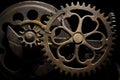 Metal gear sprockets in machine, old and rusted closeup still life with beautiful textures, shape and detail. Royalty Free Stock Photo