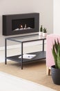 Metal and glass coffee table with small cactuses in pastel pink