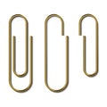 Metal gold paperclips isolated and attached to white paper Royalty Free Stock Photo