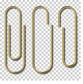 Vector metal gold paperclips isolated and attached to white paper isolated on transparent background