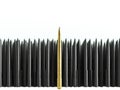 A metal golden ballpoint pen stands against the background of a lot of similar black pens. 3D rendering