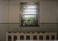 Metal grid in front of window Inside Alcatraz prison, San Francisco, CA, USA